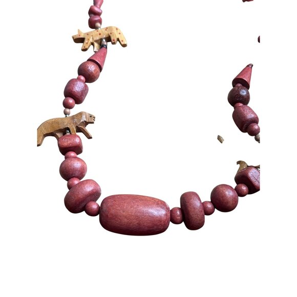 Artisan Wooden Animal Beaded Necklace Elephant Rhino Boho Retro Festival Barrel - Picture 5 of 6